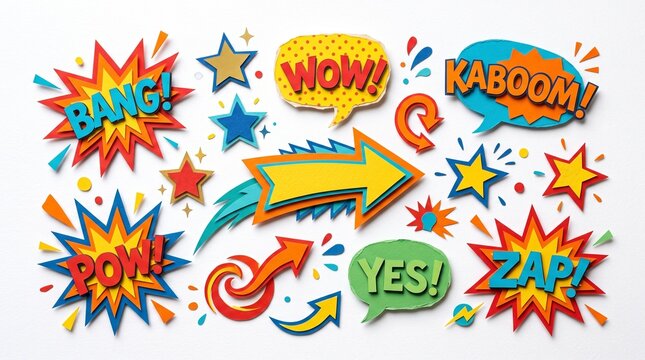 Comic book speech bubbles and sound effects vector illustration, bang, pow, zap, kaboom, wow