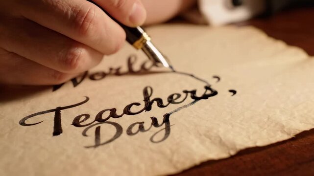 Close up of hand writing World Teachers Day message on vintage paper with fountain pen for paper collage aesthetic