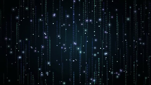 Abstract digital rain of binary code and glowing particles falling on dark blue background