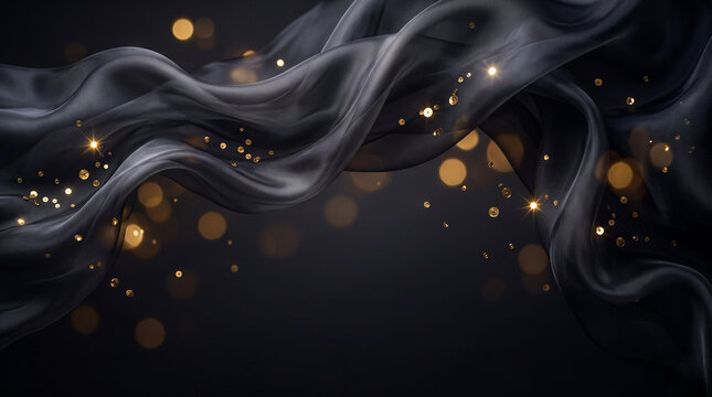 Flowing Black Silk Fabric Draping with Floating Gold Sequins and Sparkles on Dark Background