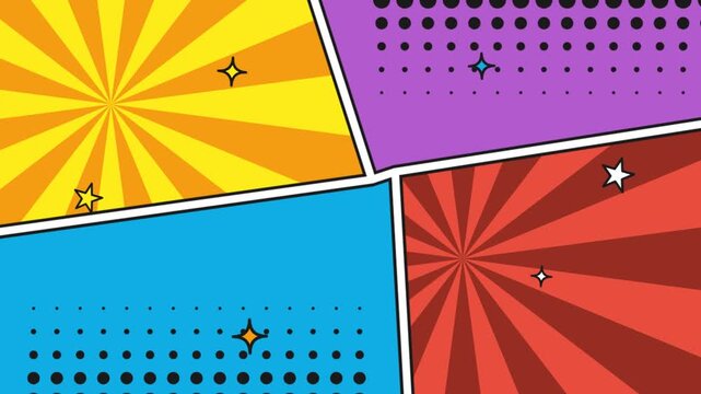 Colorful comic book panels with sunburst rays and halftone dots background