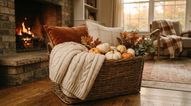 Cozy autumn living room scene with a wicker basket filled with pumpkins and a warm knit blanket