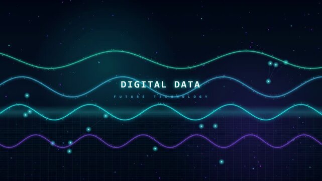 Abstract digital data visualization with glowing sine waves and floating particles on dark background