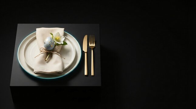 Minimalist table setting with elegant white egg on napkin and golden cutlery for easter napkin ring holiday dinner fine dining cutlery set modern design black background easter