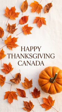 Happy Thanksgiving Canada greeting card with orange autumn leaves and small pumpkin on white background.