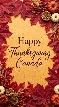 Happy Thanksgiving Canada text on textured yellow background with autumn leaves and white pumpkins.
