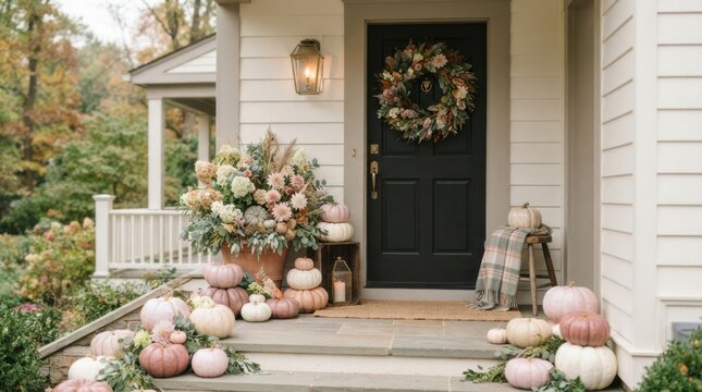 Autumn porch decor with pastel pumpkins and floral wreath on a classic black front door entrance