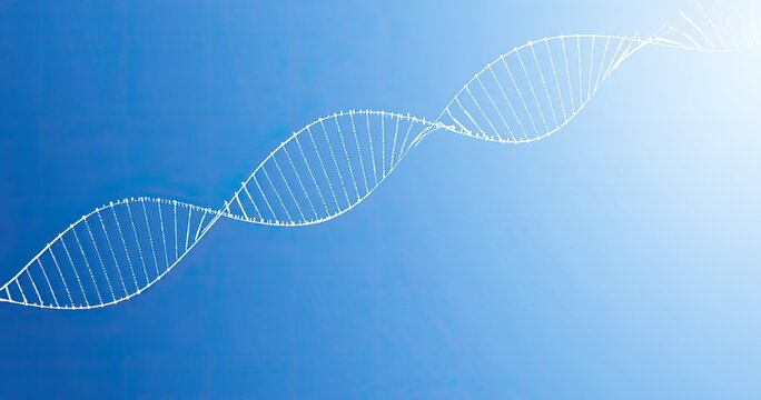 Abstract, glowing, double helix molecule structure against a blue gradient background