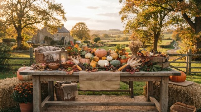 Rustic autumn harvest table display with pumpkins and seasonal decor in a countryside setting