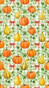 Harvest themed seamless pattern with various pumpkins and gourds on a green gingham checkered background.