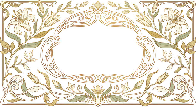 Art Nouveau floral frame vector, vintage lily flower border for wedding invitations, elegant gold ornamental cartouche background label