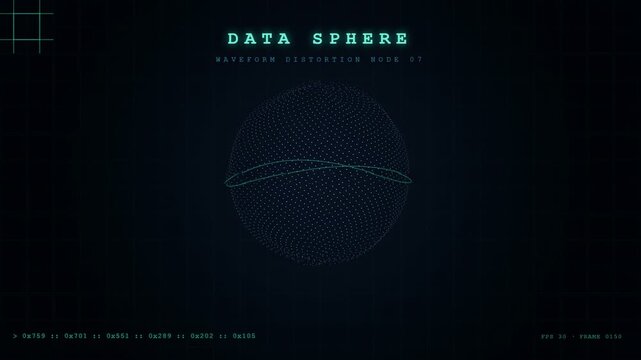 Futuristic digital data sphere with oscillating waveform distortion on a dark blue technical interface