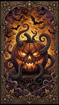 Highly detailed scary carved pumpkin with glowing eyes and emerging tentacles in gothic frame.