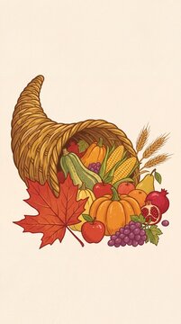Illustrated cornucopia filled with harvest vegetables and autumn fruits.