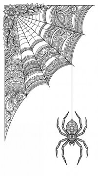 Intricate black and white spider web illustration with a decorative spider hanging on a thread.