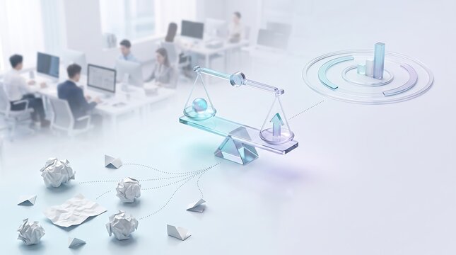 Precision balance scale weighing digital assets and data against paper waste in a modern office environment illustrating efficient resource allocation and sustainable business practice