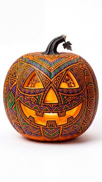 Intricately patterned and glowing jack-o'-lantern on white background.