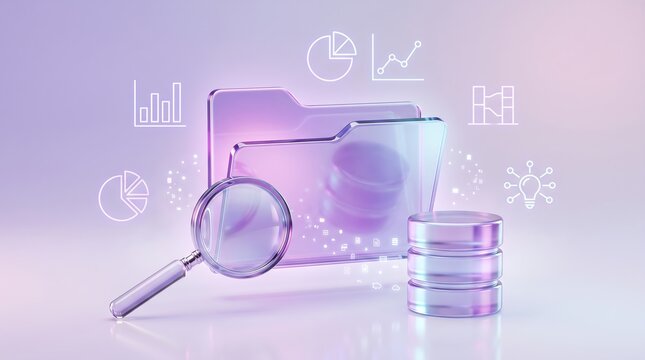 Data analysis and research workflow with a magnifying glass over a digital folder surrounded by floating business icons representing information retrieval and database management