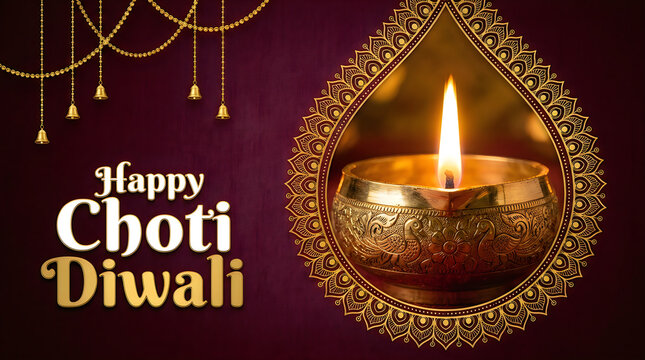 Happy choti diwali greeting card design with a glowing oil lamp diya and traditional golden ornament decorations on a dark background