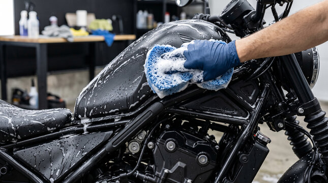 A professional detailer washes a matte black motorcycle with a soapy blue sponge, highlighting meticulous vehicle maintenance and care in a garage.