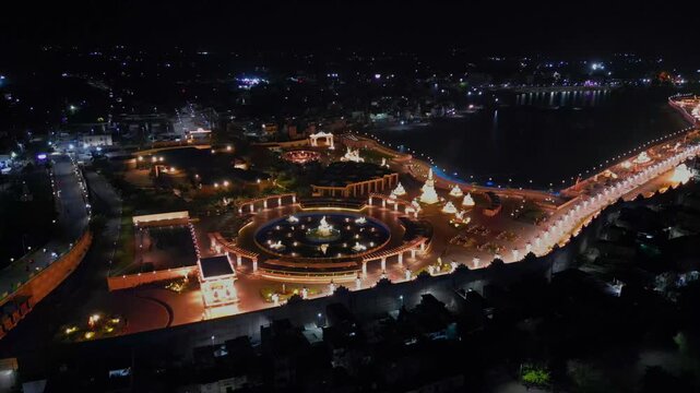 Aerial Night View of Mahakal Lok and Rudra Sagar Lake Ujjain Madhya Pradesh India
