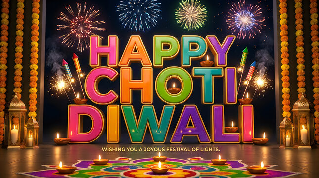 Happy choti diwali greeting card with colorful 3d text festive lights fireworks and traditional oil lamps on a decorative floor