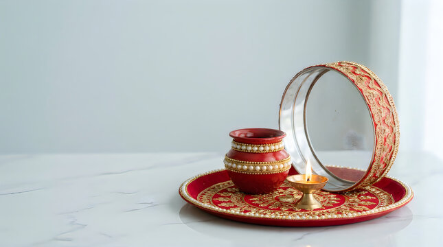 Traditional karwa chauth festival puja thali with decorated clay pot sieve and lit oil lamp for indian wife fasting ritual