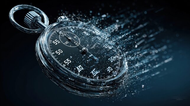 Black analog stopwatch with motion effect conveying speed and urgency on a dark background with particles flying around