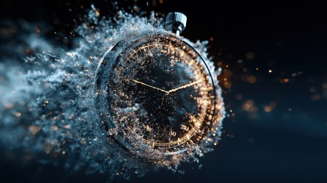 Captivating Stopwatch Surrounded by Glittering Particles in a Stylish Dark Background for Timeliness and Precision