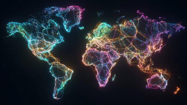 Colorful Digital Network Visualization of World Map with Bright Neon Lines and Nodes Representing Global Connectivity