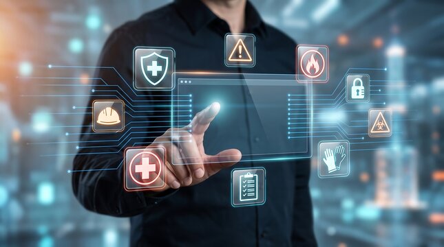 Business manager using digital safety dashboard with health and hazard icons to monitor workplace safety compliance and improve emergency response protocols in modern office setting