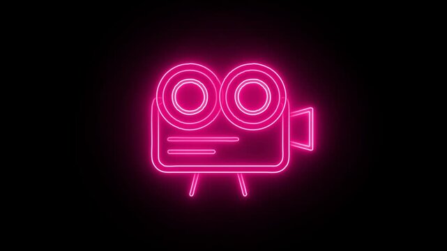 Cinema movie camera neon line icon on tripod, vintage video recorder symbol  isolated on black background