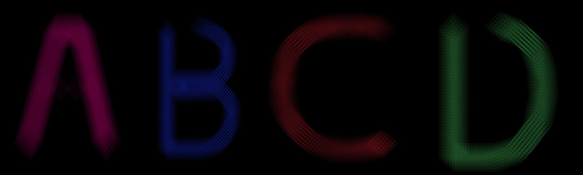 Letters a, b, c, and d formed by intersecting diagonal grid lines on black background