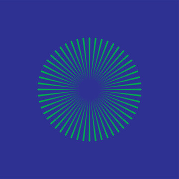 Green sunburst with radial lines on a blue background