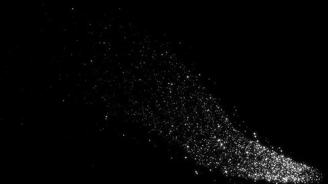 Glowing glitter star trail animation with sparkling white particles,  magical sparkle dust and shimmering light flowing along a smooth curved path for fantasy overlays on black screen background. 4k