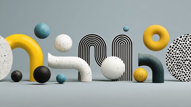Playful Abstract Composition Featuring Colorful Geometric Shapes and Forms on a Soft Gray Background