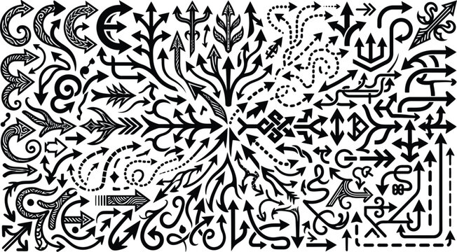 black arrow silhouettes and decorative vector pointer set with hand drawn doodle designs for creative layouts