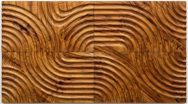 Hand-carved wooden wall panel with wavy texture, decorative 3D wood relief carving, organic brown timber pattern for interior design and architectural decor