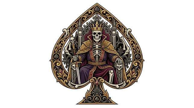 Vector illustration of a skeleton king wearing a gold crown and royal purple robes sitting on a bone throne inside a large ornate filigree spade symbol, dark fantasy art.