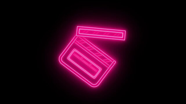 A glowing blue neon clapperboard icon is displayed against a stark black background, symbolizing the film industry and movie production processes for creative projects.
