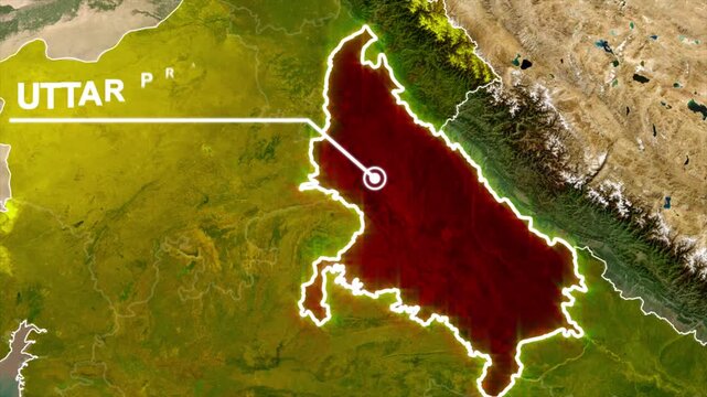 Uttar Pradesh Geographic Map with Glowing State Border, 4K