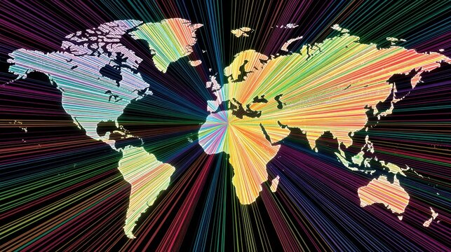 Vibrant World Map with Colorful Rays Representing Global Connectivity and Cultural Diversity