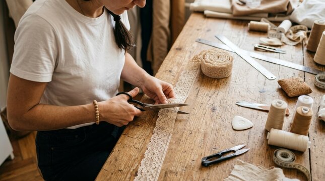 Female Seamstress Hands Cutting Delicate Lace Ribbon with Tailor Scissors on Wooden Workbench in Sewing Atelier Workshop