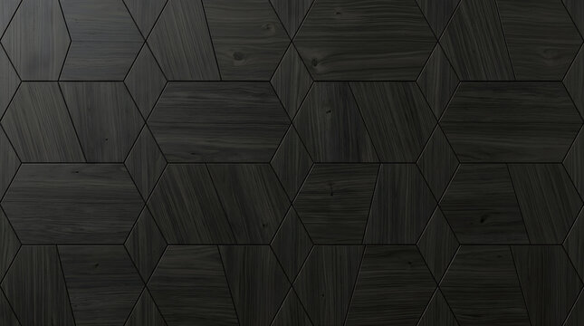 Dark charcoal wood paneling with geometric hexagon pattern, modern black timber wall texture, elegant wooden mosaic surface for interior design