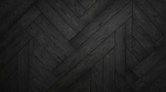 Dark charcoal wood parquet texture, black herringbone timber floor background, rustic ebony wooden planks with natural grain patterns