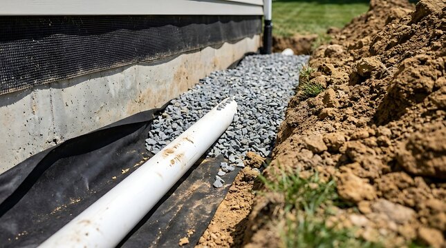 Residential foundation drainage system installation with perforated pipe and gravel for waterproofing and preventing basement water damage in outdoor excavation.