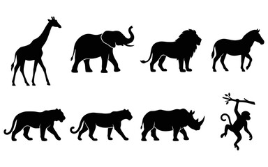 Fototapeta premium Collection of wild african animal silhouettes including giraffe elephant lion zebra tiger and monkey isolated on white