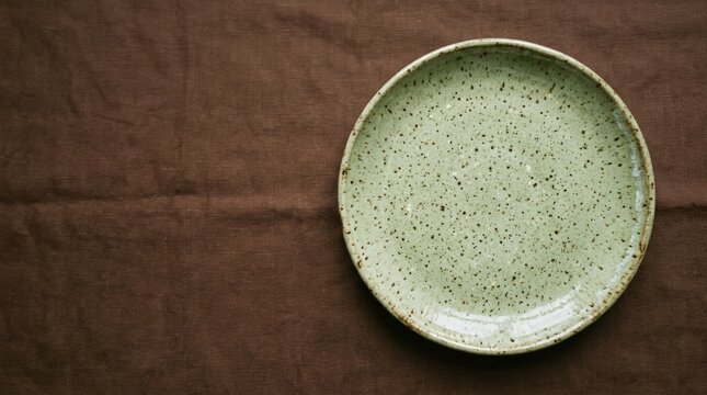 Empty Ceramic Plate on Brown Linen Tablecloth Food Mockup Top View Culinary Background with Copy Space