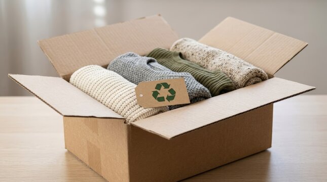 Recycled Clothing in Cardboard Box with Eco Friendly Tag for Sustainable Fashion and Garment Donation Concept