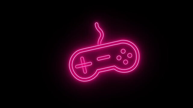 Glowing neon gamepad console controller isolated over a transparent background, gaming design elements, flat lay top view with subtle shadow.4k motion graphics video animation
